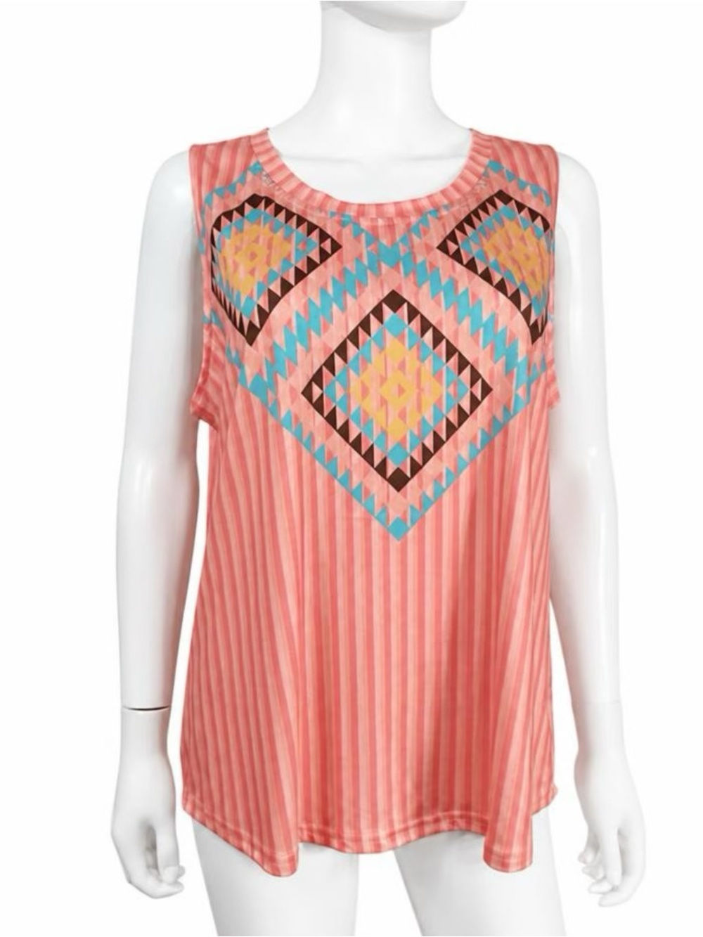 Lucky & Blessed Sleeveless Coral Striped Aztec Print Tank Top